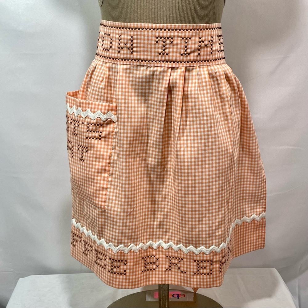 2 Vintage Gingham Aprons Embroidered Green Orange Half Waist Tie Holiday And Eat